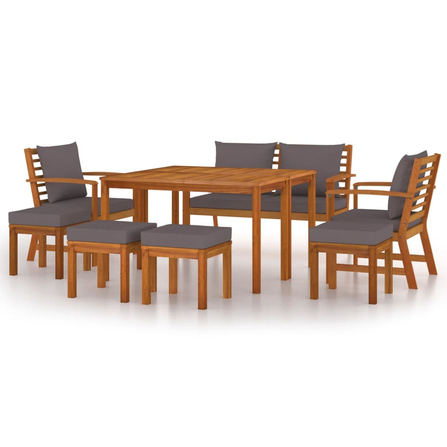 9-Delige Tuinset Met Kussens Massief Acaciahout Donkergrijs bench + 2x chair + 4x footrest + 2x table