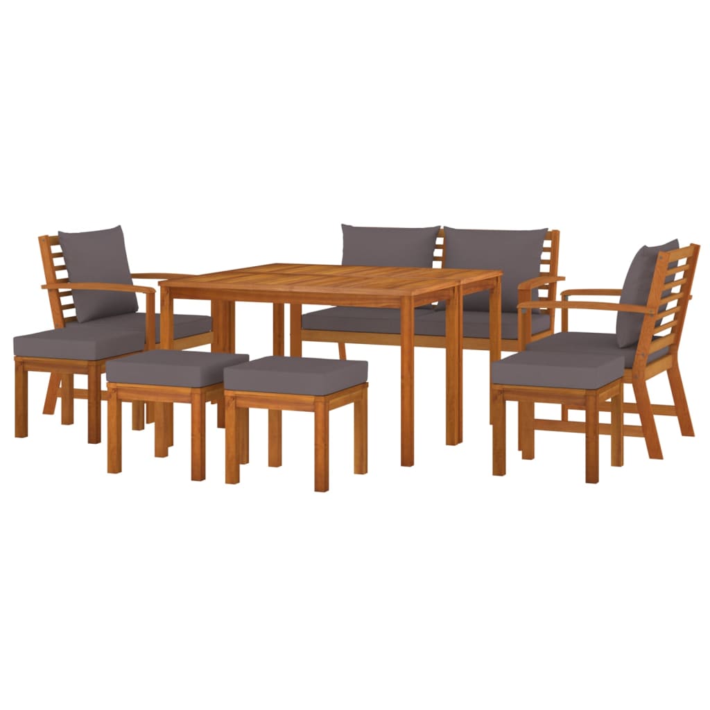 9-Delige Tuinset Met Kussens Massief Acaciahout Donkergrijs bench + 2x chair + 4x footrest + 2x table