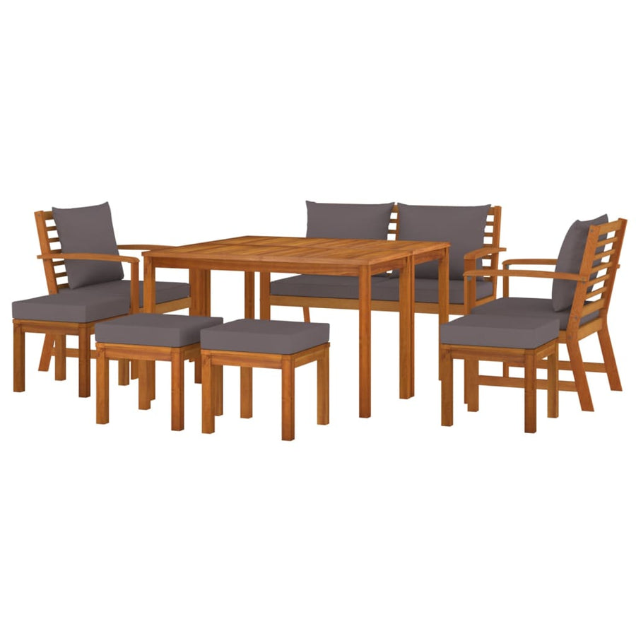9-Delige Tuinset Met Kussens Massief Acaciahout Donkergrijs bench + 2x chair + 4x footrest + 2x table