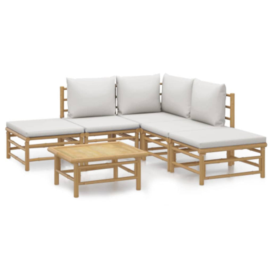 6-Delige Loungeset Met Kussens Bamboe Lichtgrijs hoek + 2x midden + 2x voetensteun + Tafel