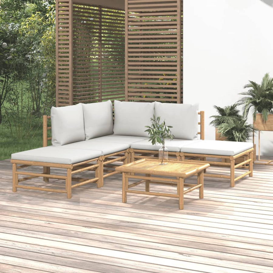 6-Delige Loungeset Met Kussens Bamboe Lichtgrijs hoek + 2x midden + 2x voetensteun + Tafel