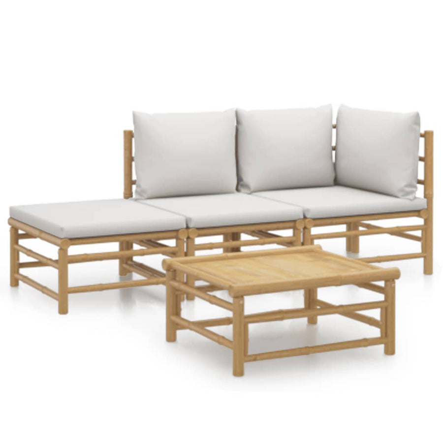 4-Delige Loungeset Met Kussens Bamboe Lichtgrijs hoek + midden + voetensteun + Tafel
