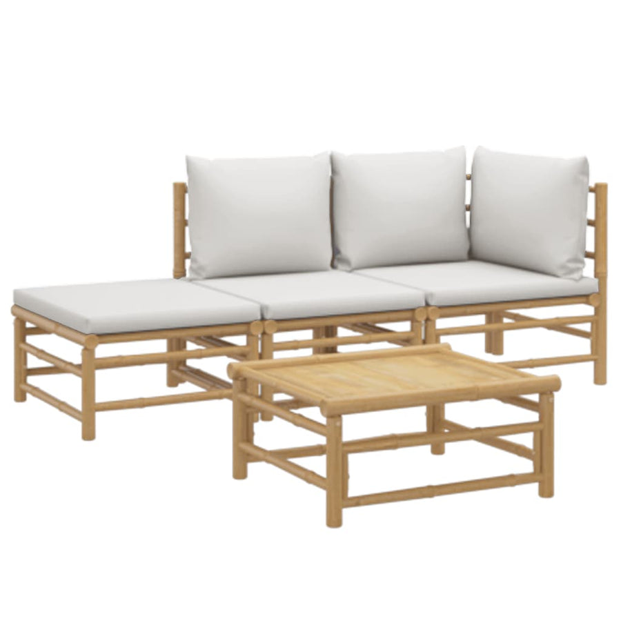 4-Delige Loungeset Met Kussens Bamboe Lichtgrijs hoek + midden + voetensteun + Tafel