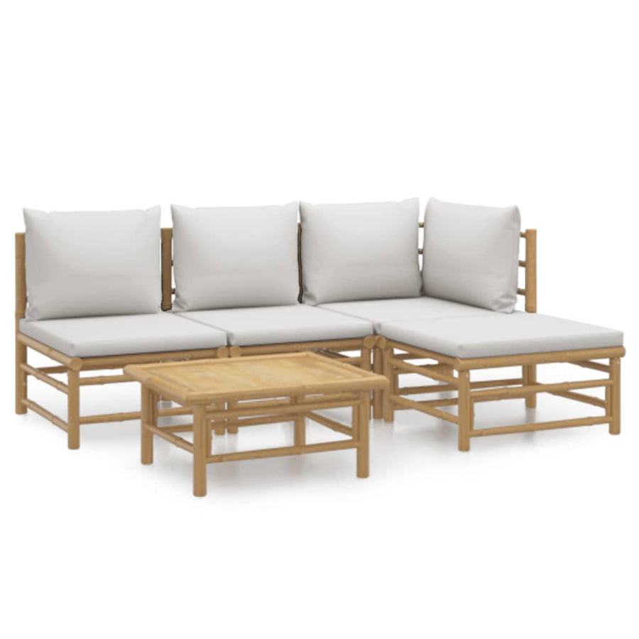 5-Delige Loungeset Met Kussens Bamboe Lichtgrijs hoek + 2x midden + voetensteun + Tafel
