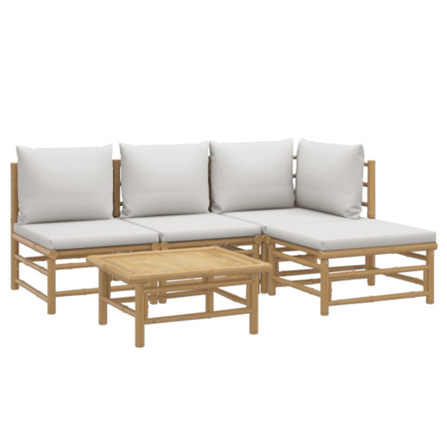 5-Delige Loungeset Met Kussens Bamboe Lichtgrijs hoek + 2x midden + voetensteun + Tafel