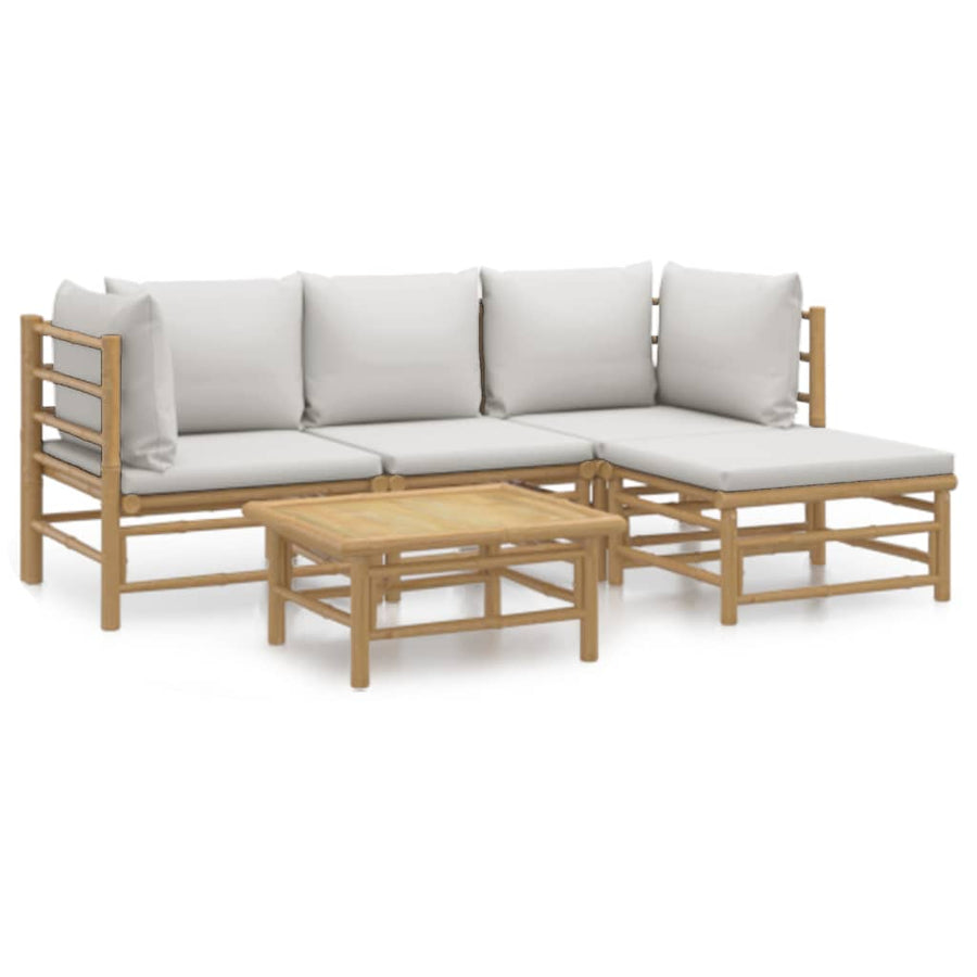 5-Delige Loungeset Met Kussens Bamboe Lichtgrijs 2x hoek + midden + voetensteun + Tafel