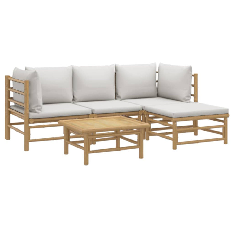 5-Delige Loungeset Met Kussens Bamboe Lichtgrijs 2x hoek + midden + voetensteun + Tafel