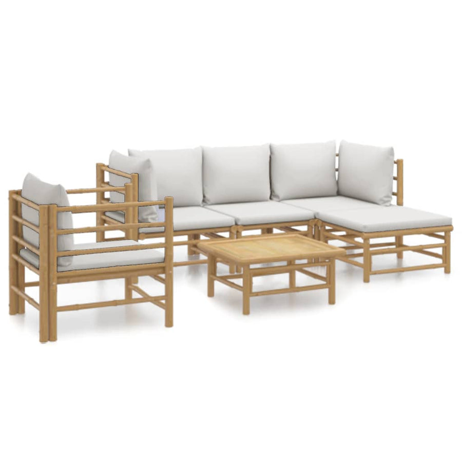 6-Delige Loungeset Met Kussens Bamboe Lichtgrijs 2x corner + middle + chair + footrest + table