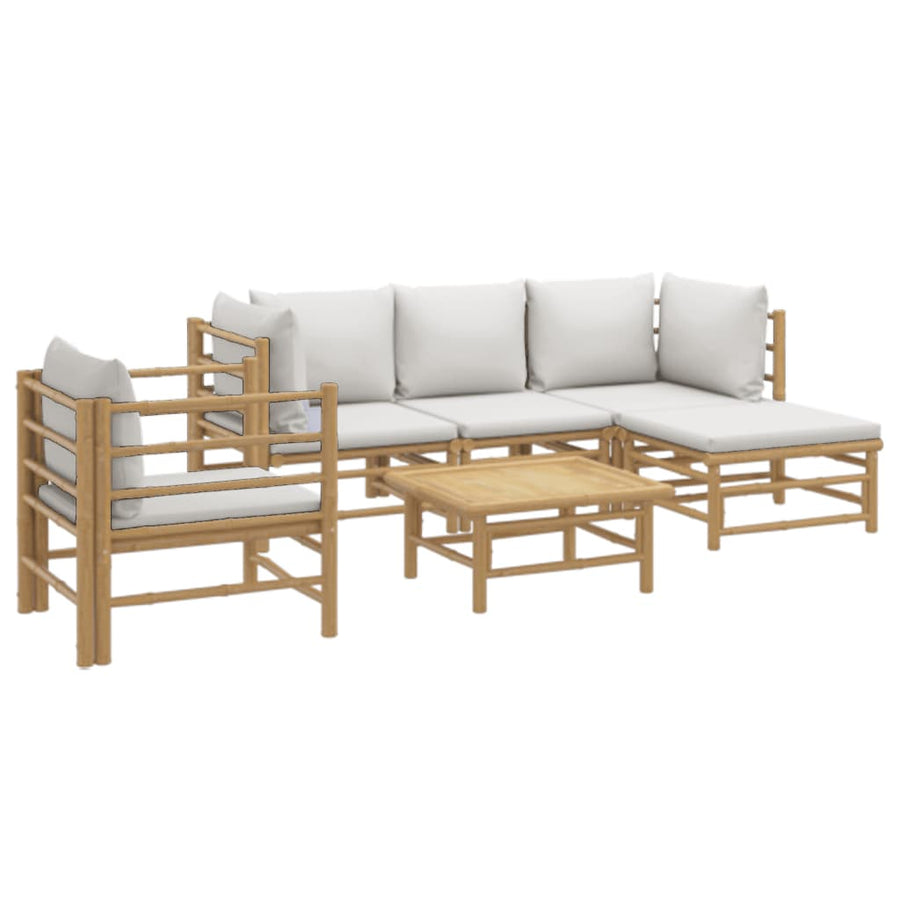 6-Delige Loungeset Met Kussens Bamboe Lichtgrijs 2x corner + middle + chair + footrest + table