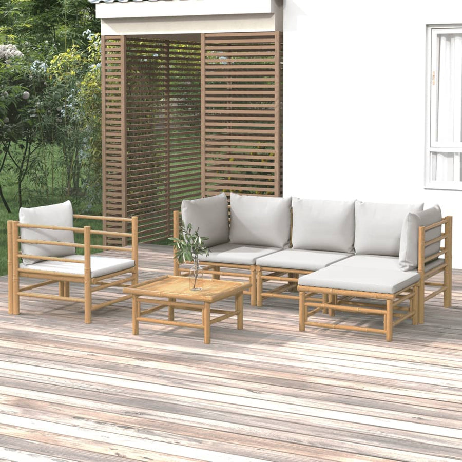6-Delige Loungeset Met Kussens Bamboe Lichtgrijs 2x corner + middle + chair + footrest + table