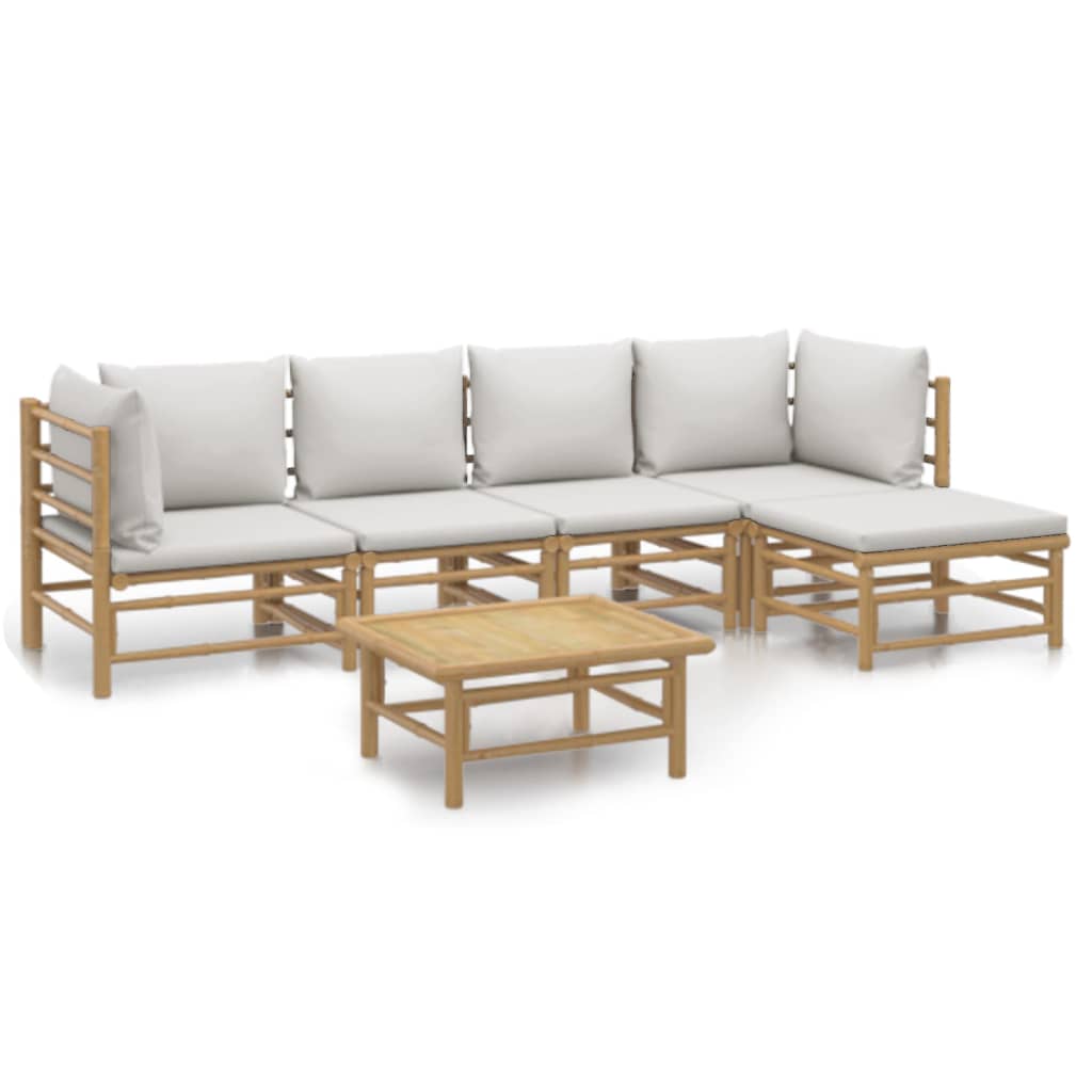 6-Delige Loungeset Met Kussens Bamboe Lichtgrijs 2x hoek + 2x midden + voetensteun + Tafel