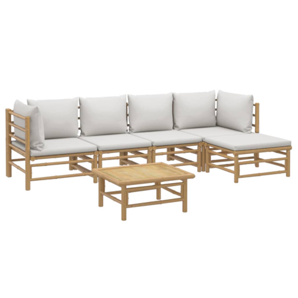 6-Delige Loungeset Met Kussens Bamboe Lichtgrijs 2x hoek + 2x midden + voetensteun + Tafel