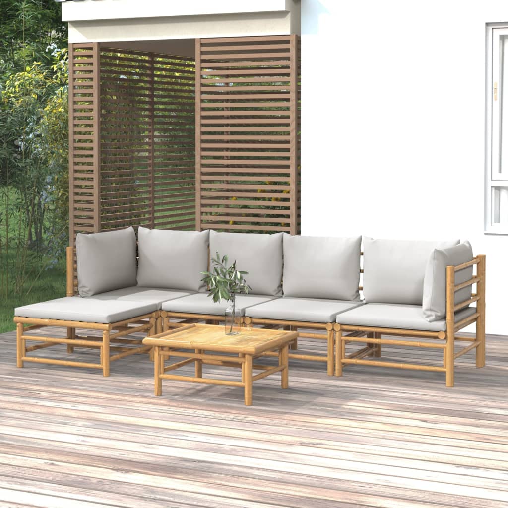 6-Delige Loungeset Met Kussens Bamboe Lichtgrijs 2x hoek + 2x midden + voetensteun + Tafel