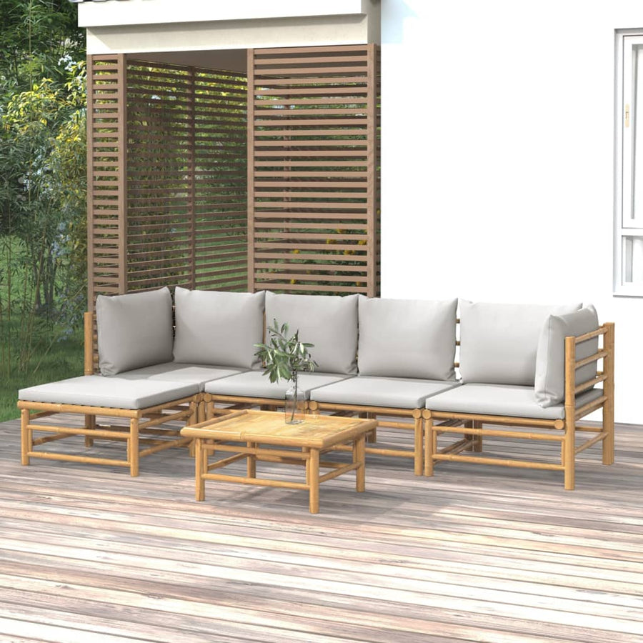 6-Delige Loungeset Met Kussens Bamboe Lichtgrijs 2x hoek + 2x midden + voetensteun + Tafel