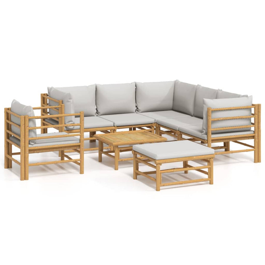 8-Delige Loungeset Met Kussens Bamboe Lichtgrijs 3x corner + 2x middle + chair + footrest + table