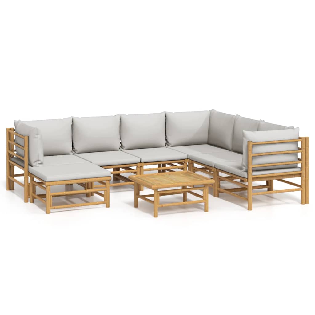 8-Delige Loungeset Met Kussens Bamboe Lichtgrijs 3x hoek + 3x midden + voetensteun + Tafel