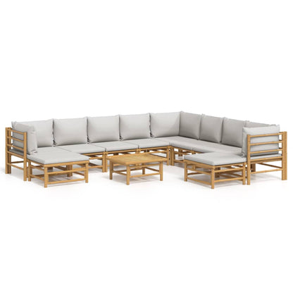 -Delige Loungeset Met Kussens Bamboe Lichtgrijs 3x hoek + 5x midden + 2x voetensteun + Tafel