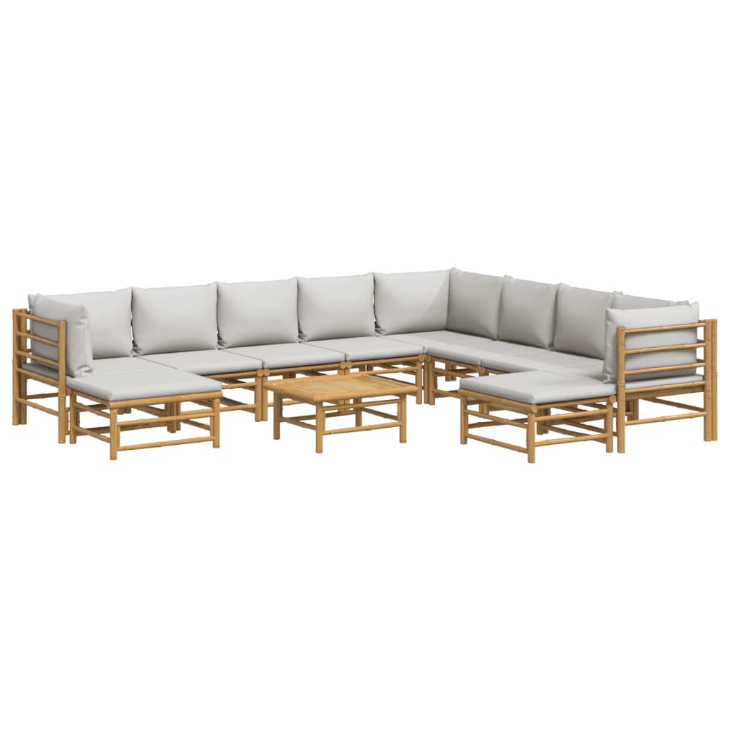 -Delige Loungeset Met Kussens Bamboe Lichtgrijs 3x hoek + 5x midden + 2x voetensteun + Tafel