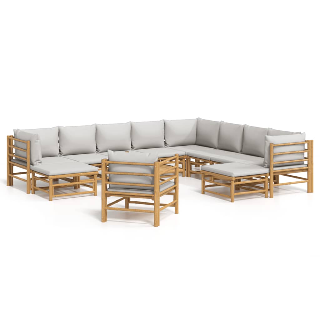 2-Delige Loungeset Met Kussens Bamboe Lichtgrijs 3x corner + 5x middle + 2x footrest + chair + table