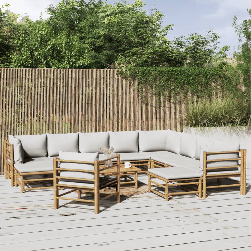 2-Delige Loungeset Met Kussens Bamboe Lichtgrijs 3x corner + 5x middle + 2x footrest + chair + table