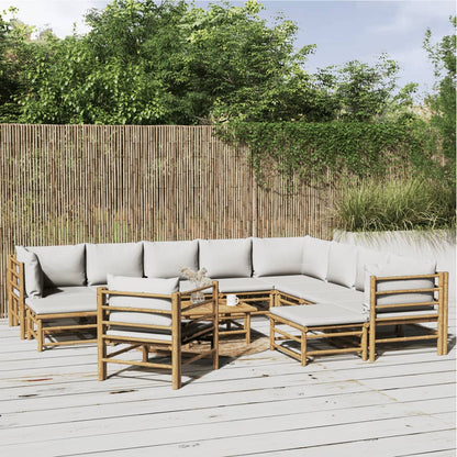 2-Delige Loungeset Met Kussens Bamboe Lichtgrijs 3x corner + 5x middle + 2x footrest + chair + table