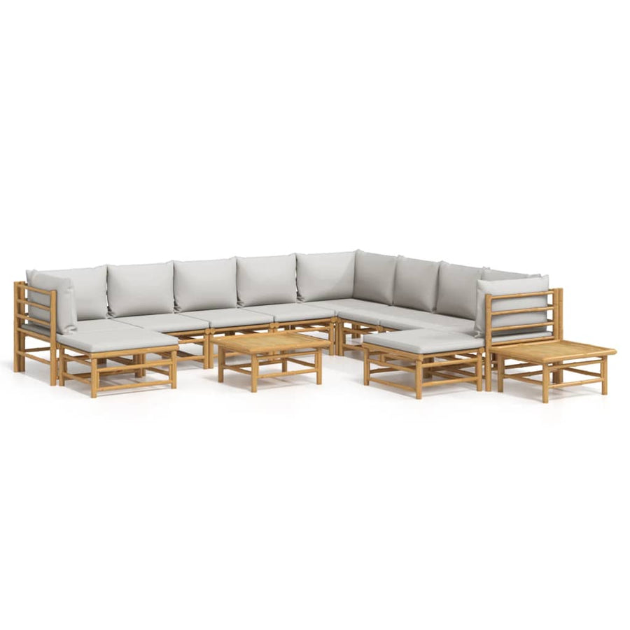 2-Delige Loungeset Met Kussens Bamboe Lichtgrijs 3x hoek + 5x midden + 2x voetensteun + 2x Tafel
