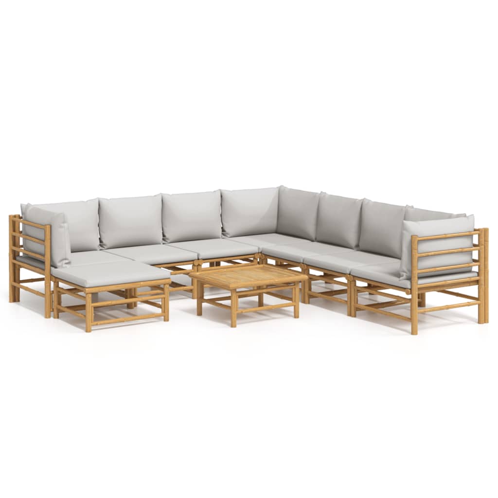 9-Delige Loungeset Met Kussens Bamboe Lichtgrijs 3x hoek + 4x midden + voetensteun + Tafel