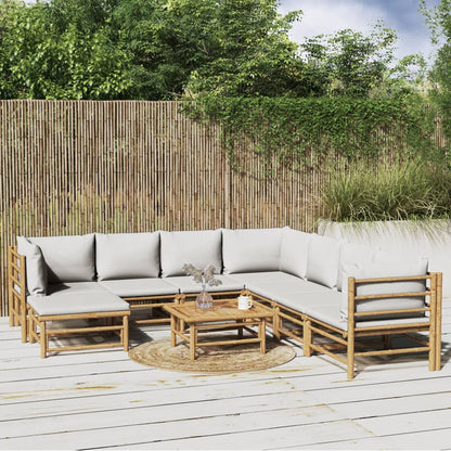 9-Delige Loungeset Met Kussens Bamboe Lichtgrijs 3x hoek + 4x midden + voetensteun + Tafel