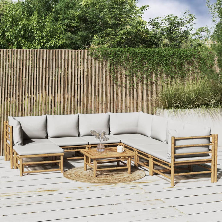 9-Delige Loungeset Met Kussens Bamboe Lichtgrijs 3x hoek + 4x midden + voetensteun + Tafel