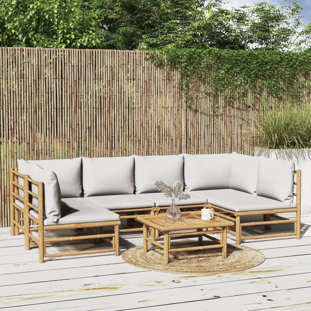 7-Delige Loungeset Met Lichtgrijze Kussens Bamboe Lichtgrijs 2x corner + 4x chair + table