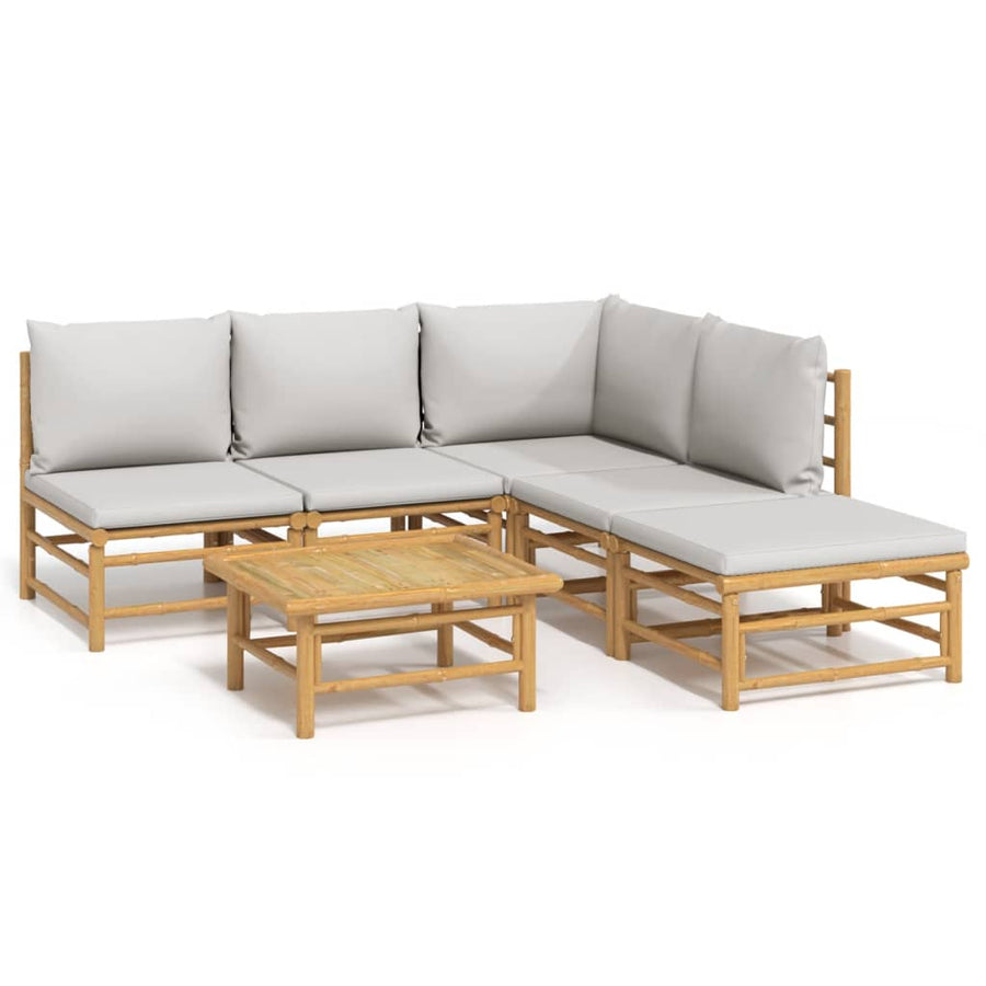 6-Delige Loungeset Met Kussens Bamboe Lichtgrijs hoek + 3x midden + voetensteun + Tafel