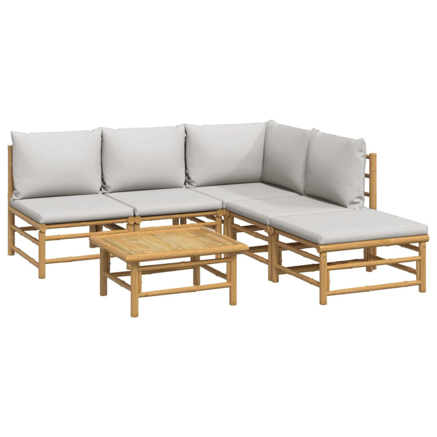 6-Delige Loungeset Met Kussens Bamboe Lichtgrijs hoek + 3x midden + voetensteun + Tafel