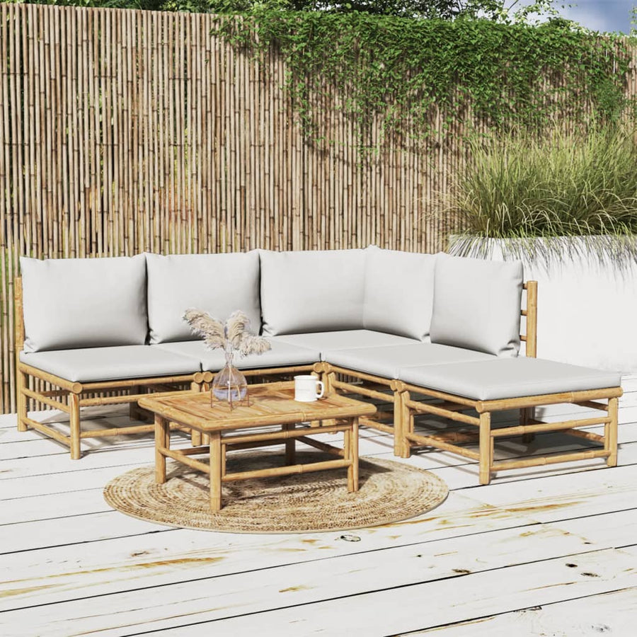 6-Delige Loungeset Met Kussens Bamboe Lichtgrijs hoek + 3x midden + voetensteun + Tafel