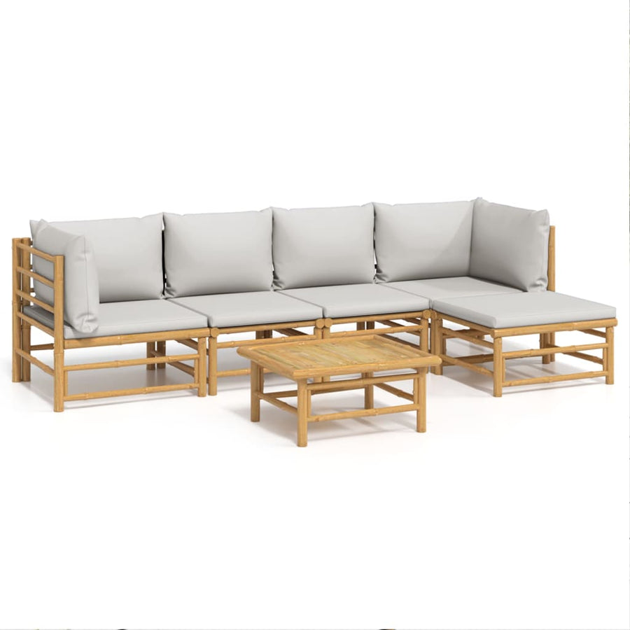 6-Delige Loungeset Met Kussens Bamboe Lichtgrijs 2x hoek + 2x midden + Tafel + voetensteun