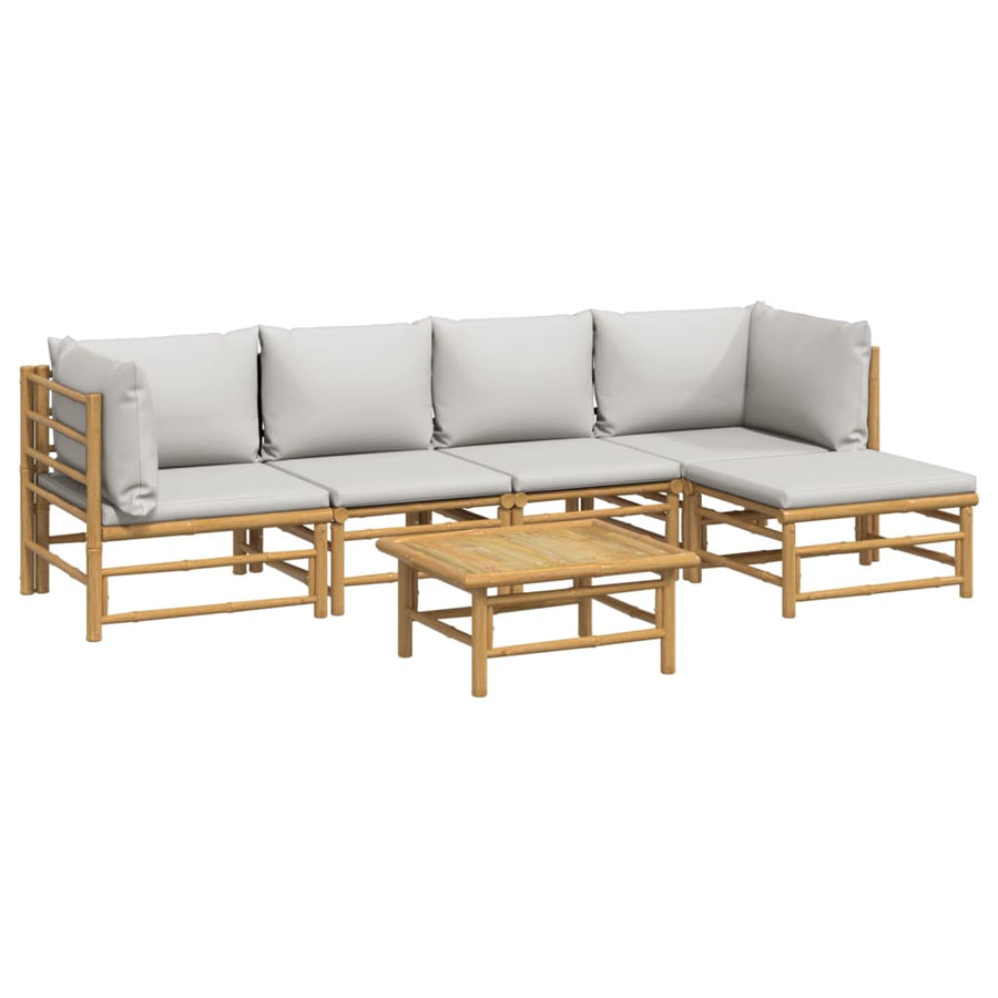 6-Delige Loungeset Met Kussens Bamboe Lichtgrijs 2x hoek + 2x midden + Tafel + voetensteun