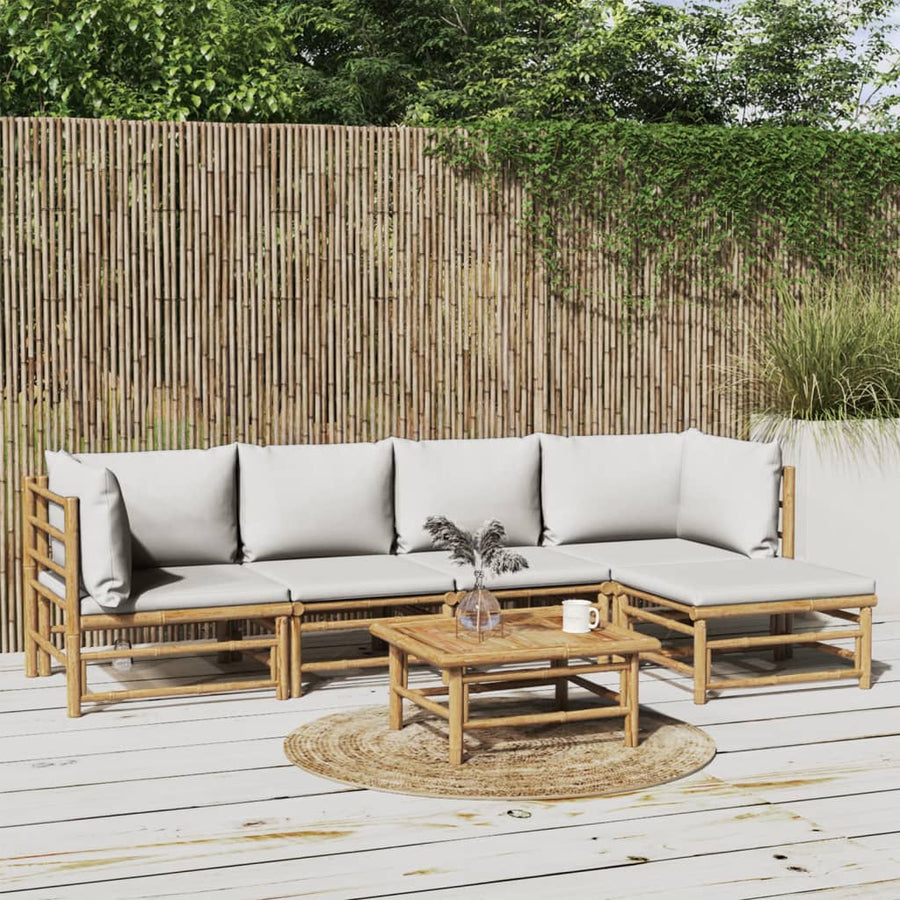6-Delige Loungeset Met Kussens Bamboe Lichtgrijs 2x hoek + 2x midden + Tafel + voetensteun