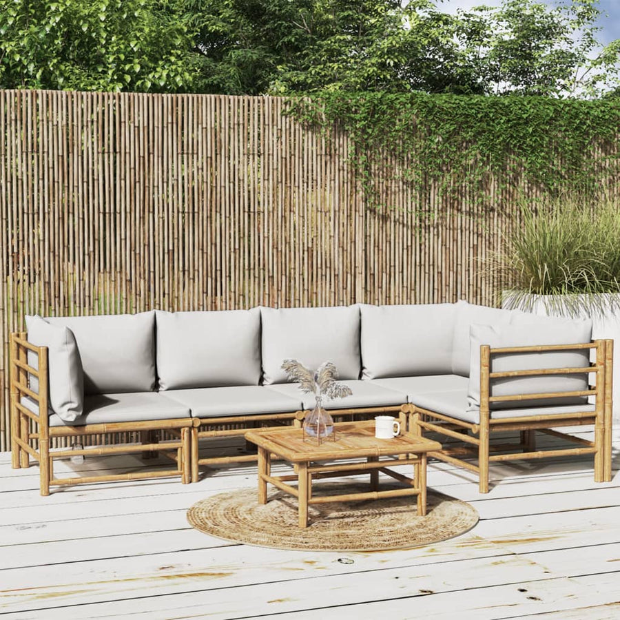 6-Delige Loungeset Met Kussens Bamboe Lichtgrijs 3x corner + 2x chair + table