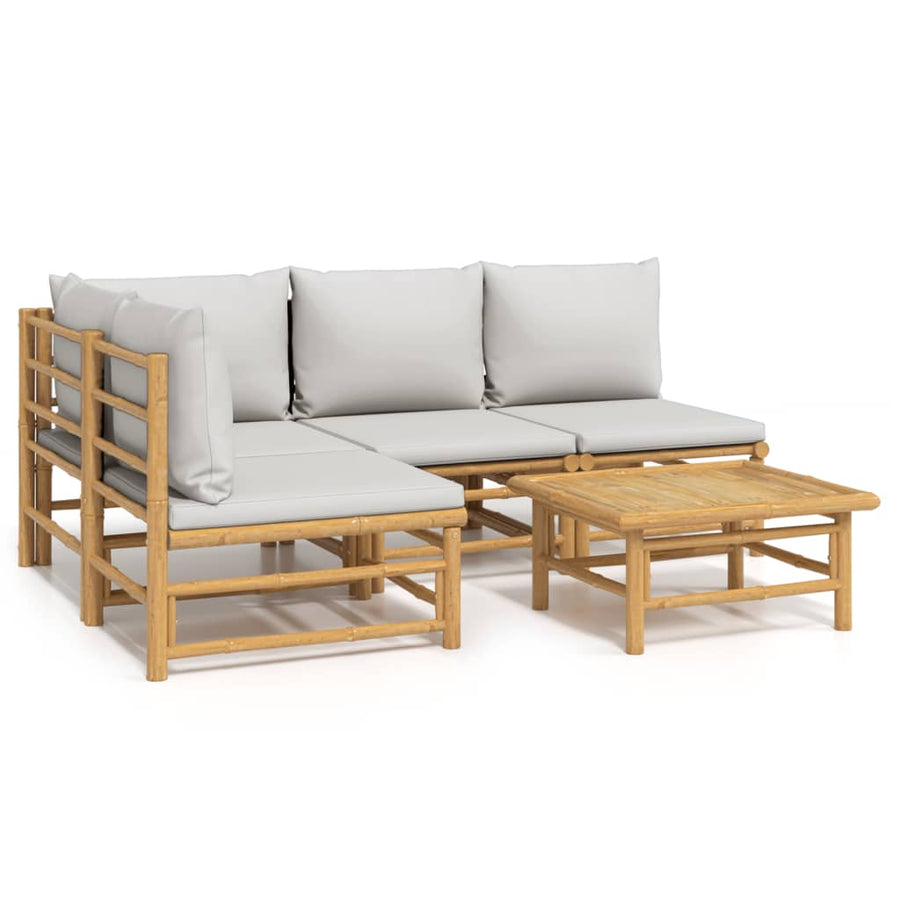 5-Delige Loungeset Met Kussens Bamboe Lichtgrijs hoek + 3x midden + Tafel