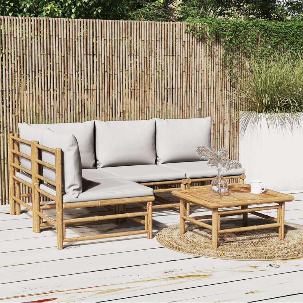 5-Delige Loungeset Met Kussens Bamboe Lichtgrijs hoek + 3x midden + Tafel