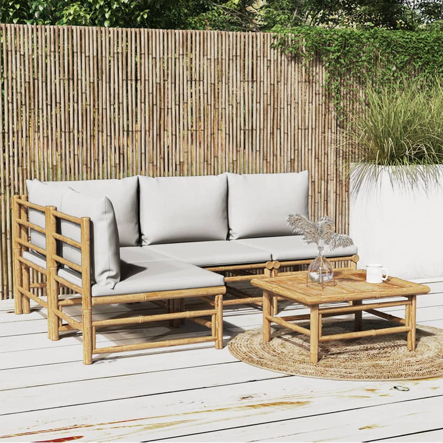 5-Delige Loungeset Met Kussens Bamboe Lichtgrijs hoek + 3x midden + Tafel