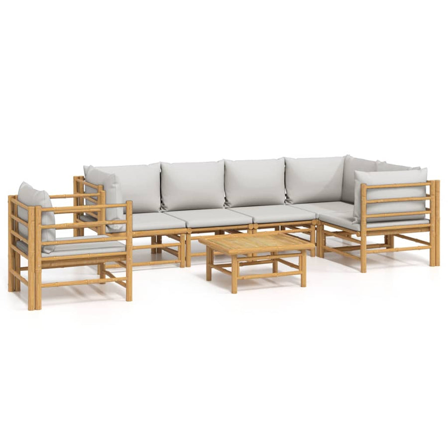 7-Delige Loungeset Met Lichtgrijze Kussens Bamboe Lichtgrijs 3x corner + 2x middle + table + chair