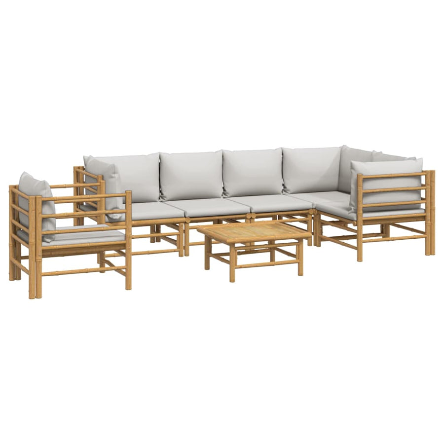 7-Delige Loungeset Met Lichtgrijze Kussens Bamboe Lichtgrijs 3x corner + 2x middle + table + chair