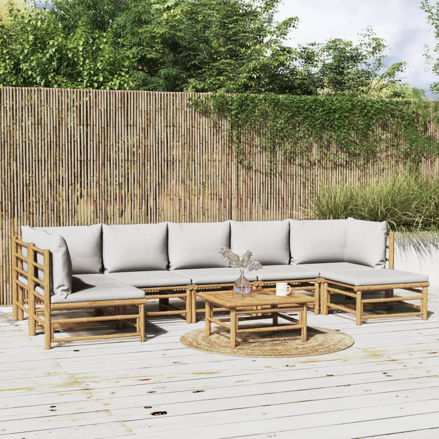 8-Delige Loungeset Met Kussens Bamboe Lichtgrijs 2x hoek + 4x midden + voetensteun + Tafel