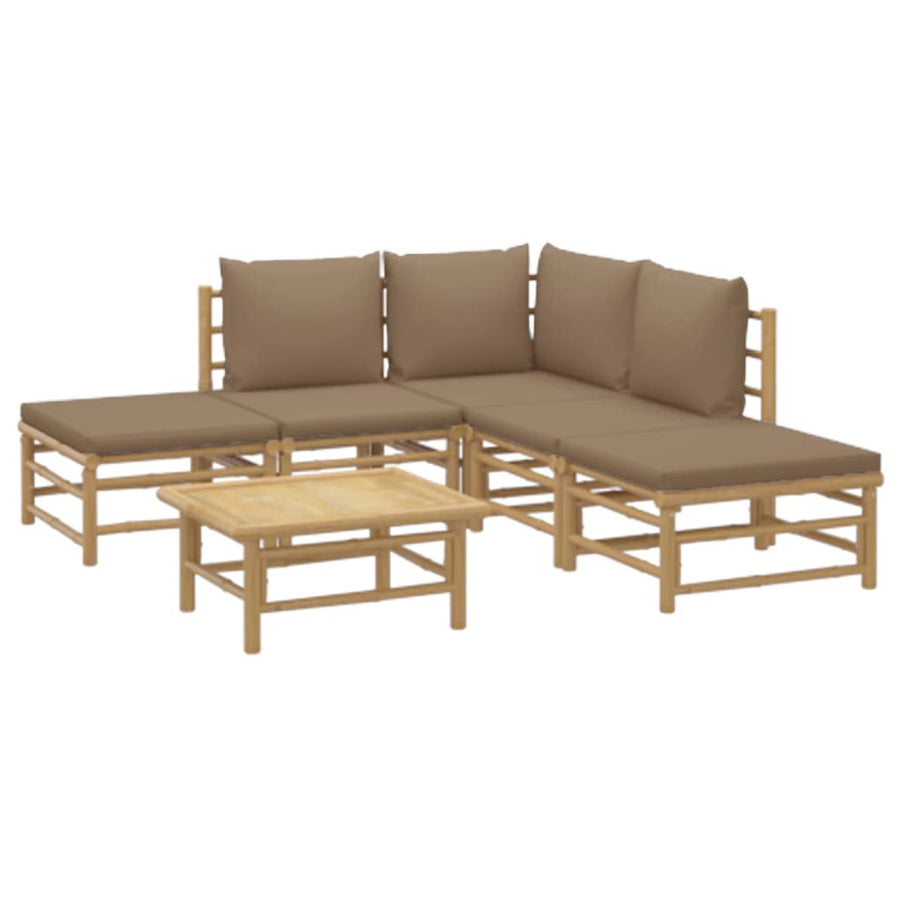 6-Delige Loungeset Met Kussens Bamboe Taupe hoek + 2x midden + 2x voetensteun + Tafel