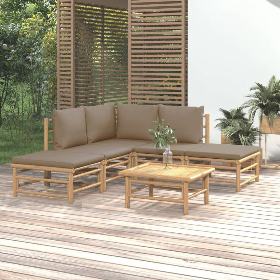 6-Delige Loungeset Met Kussens Bamboe Taupe hoek + 2x midden + 2x voetensteun + Tafel