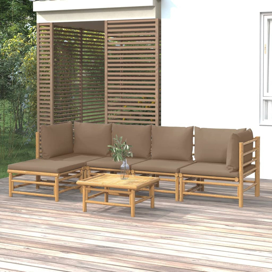 6-Delige Loungeset Met Kussens Bamboe Taupe 2x hoek + 2x midden + voetensteun + Tafel