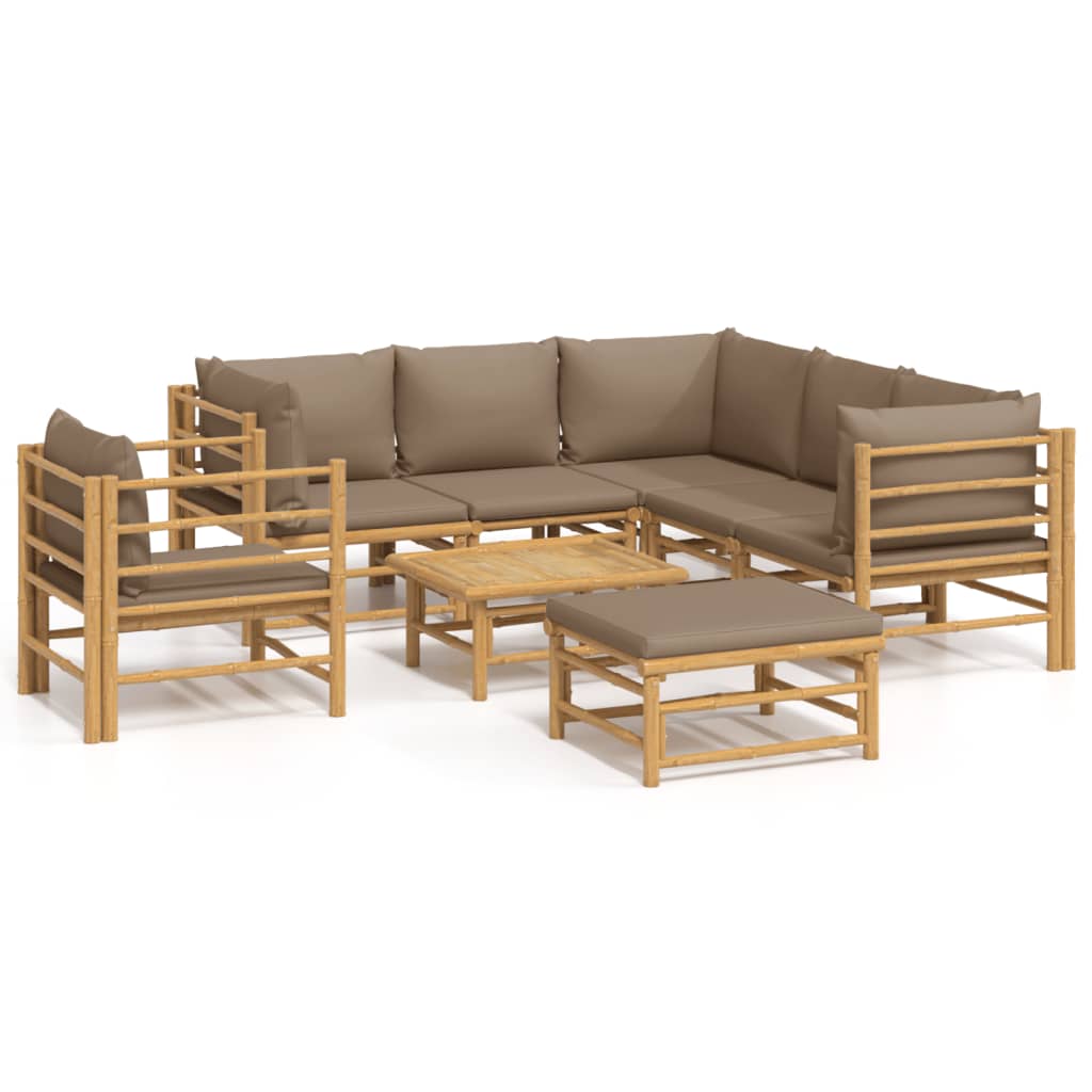 8-Delige Loungeset Met Kussens Bamboe Taupe 3x corner + 2x middle + chair + footrest + table