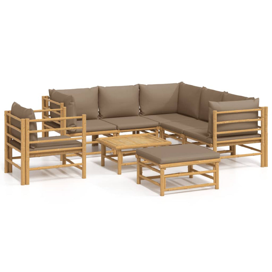 8-Delige Loungeset Met Kussens Bamboe Taupe 3x corner + 2x middle + chair + footrest + table