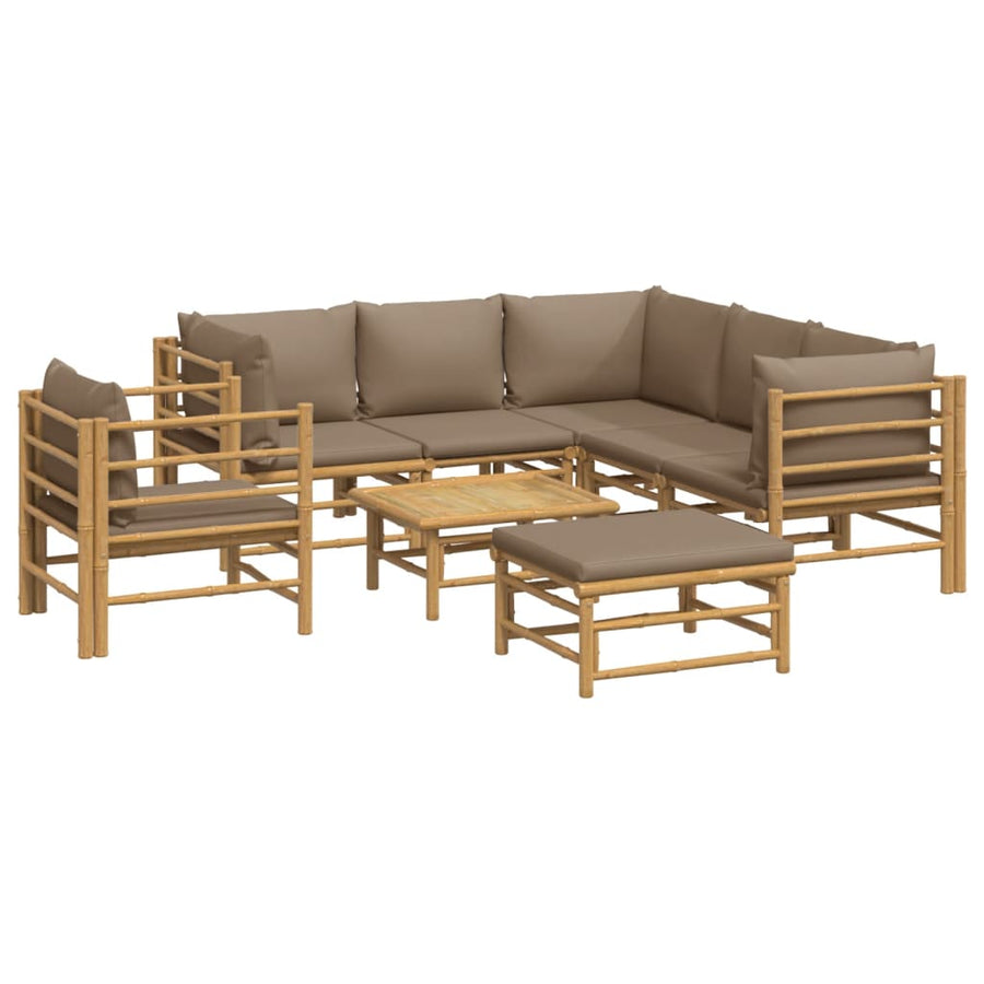 8-Delige Loungeset Met Kussens Bamboe Taupe 3x corner + 2x middle + chair + footrest + table