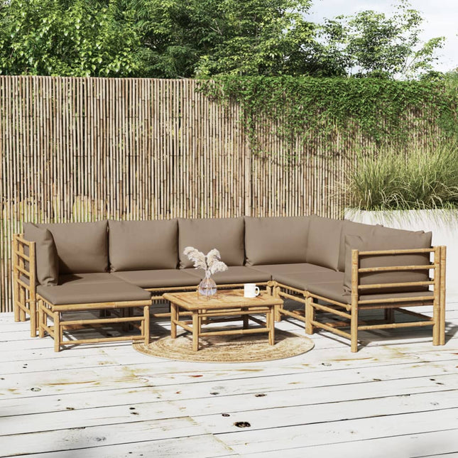 8-Delige Loungeset Met Kussens Bamboe Taupe 3x hoek + 3x midden + voetensteun + Tafel